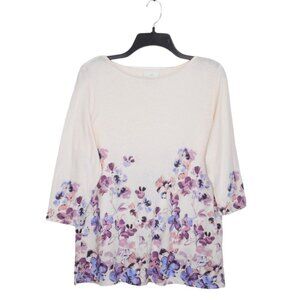 J Jill Top MP 3/4 Sleeve Ivory Purple Cotton Boat Neck 3/4 Sleeve Knit Casual